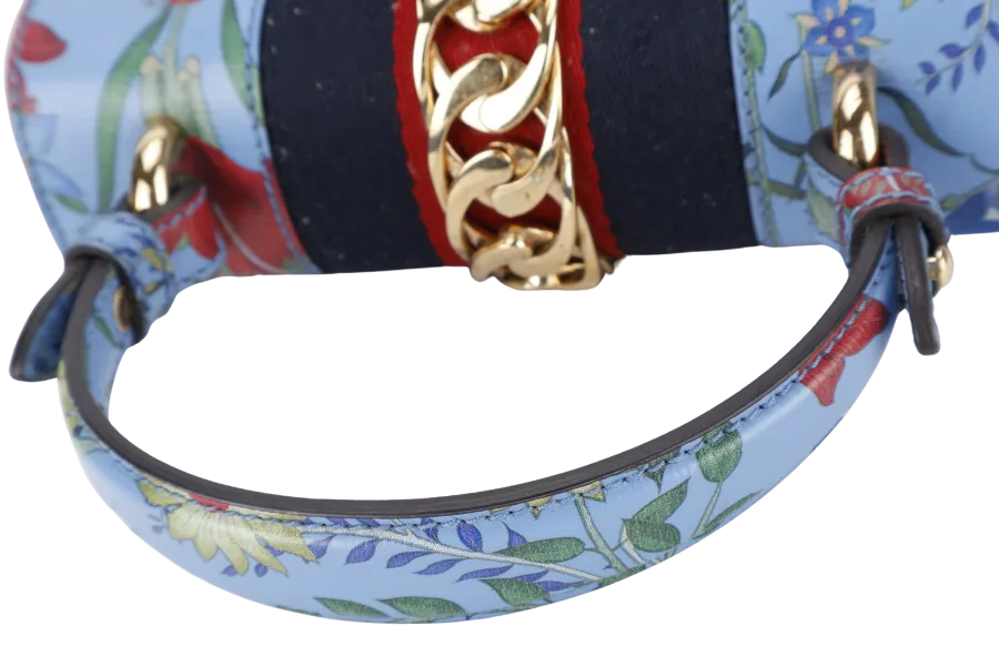 GUCCI FLORAL PRINT BAG MINI BLUE LEATHER GOLD HARDWARE NO DUST COVER