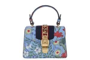 GUCCI FLORAL PRINT BAG MINI BLUE LEATHER GOLD HARDWARE NO DUST COVER