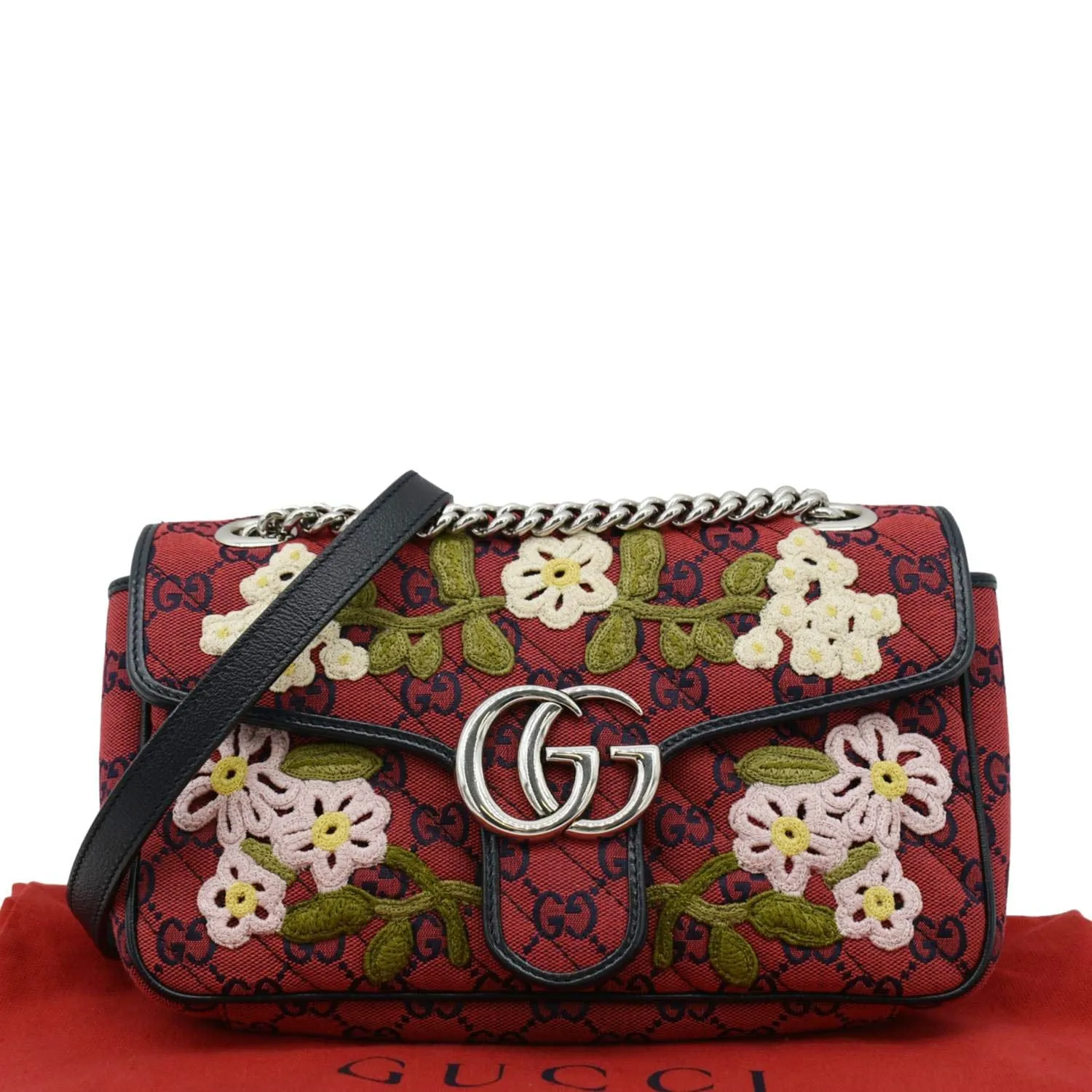 GUCCI GG Marmont Small Floral Embroidered Canvas Crossbody Bag Red 443497
