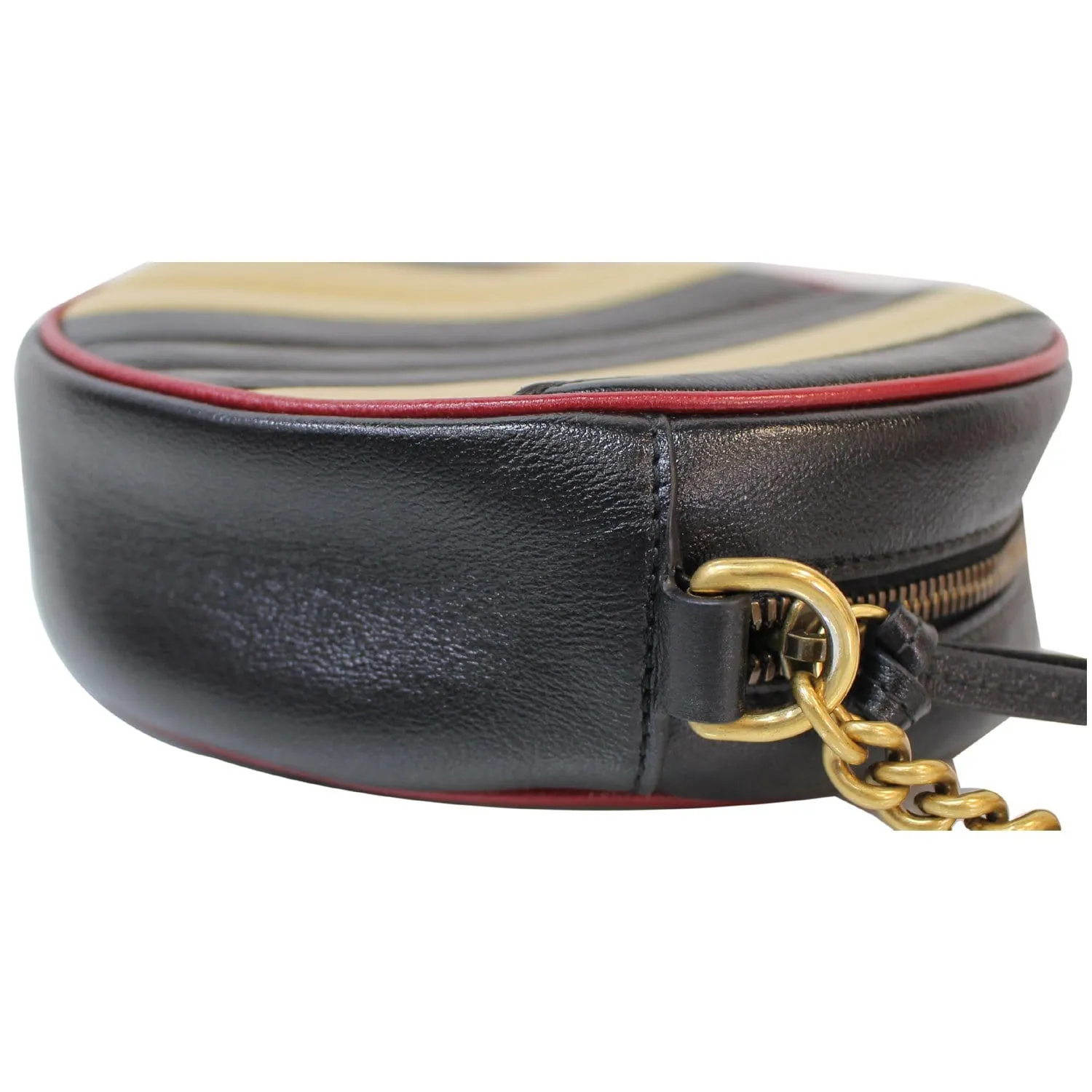 GUCCI Stripe GG Marmont Mini Round Leather Crossbody Bag Black/Beige 550154