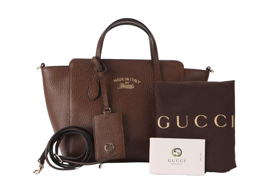 GUCCI SWING MEDIUM (368827 498879) BROWN LEATHER 2WAYS BAG GOLD HARDWARE WITH STRAPS AND DUST COVER