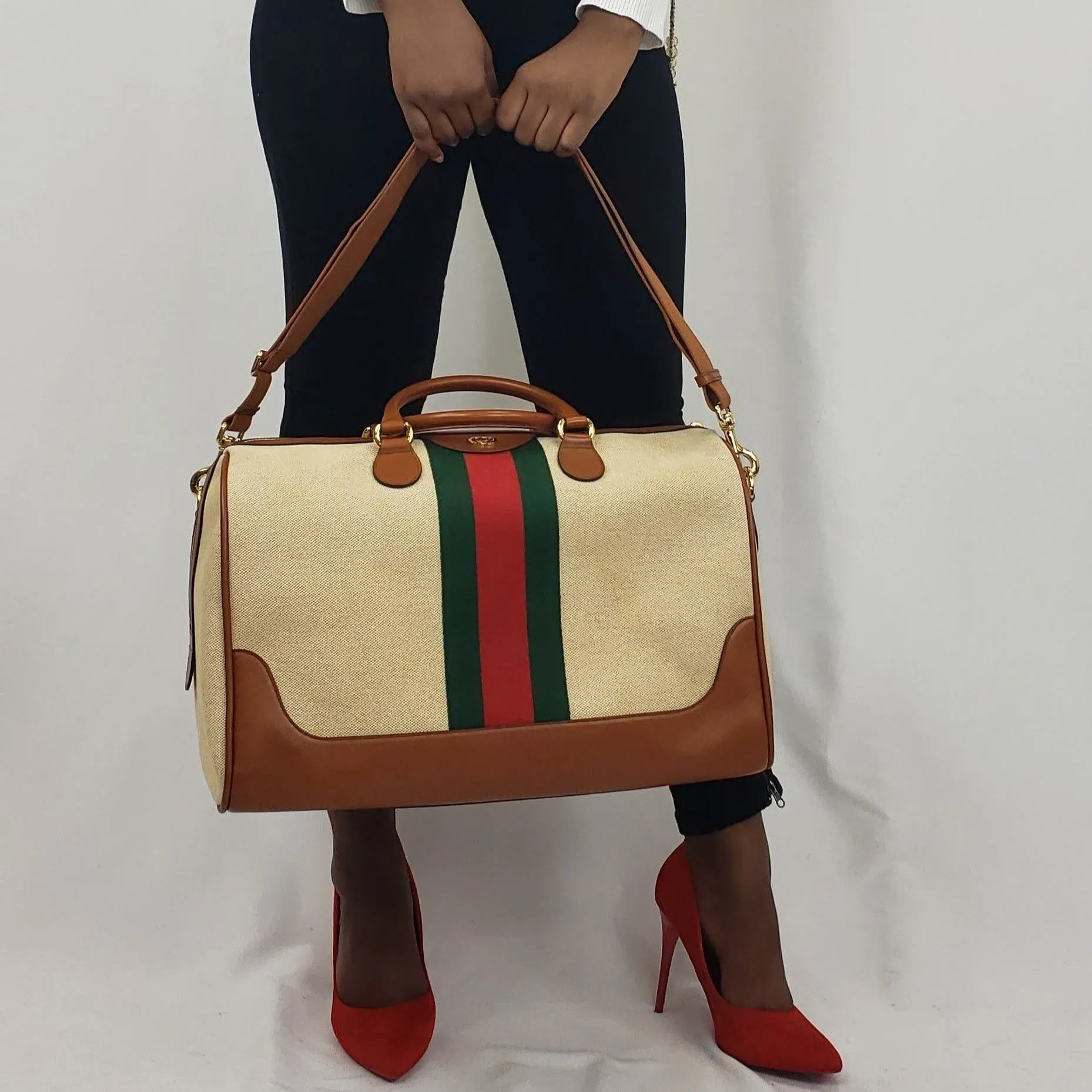 Gucci Travel Duffel Bag with Web in Beige
