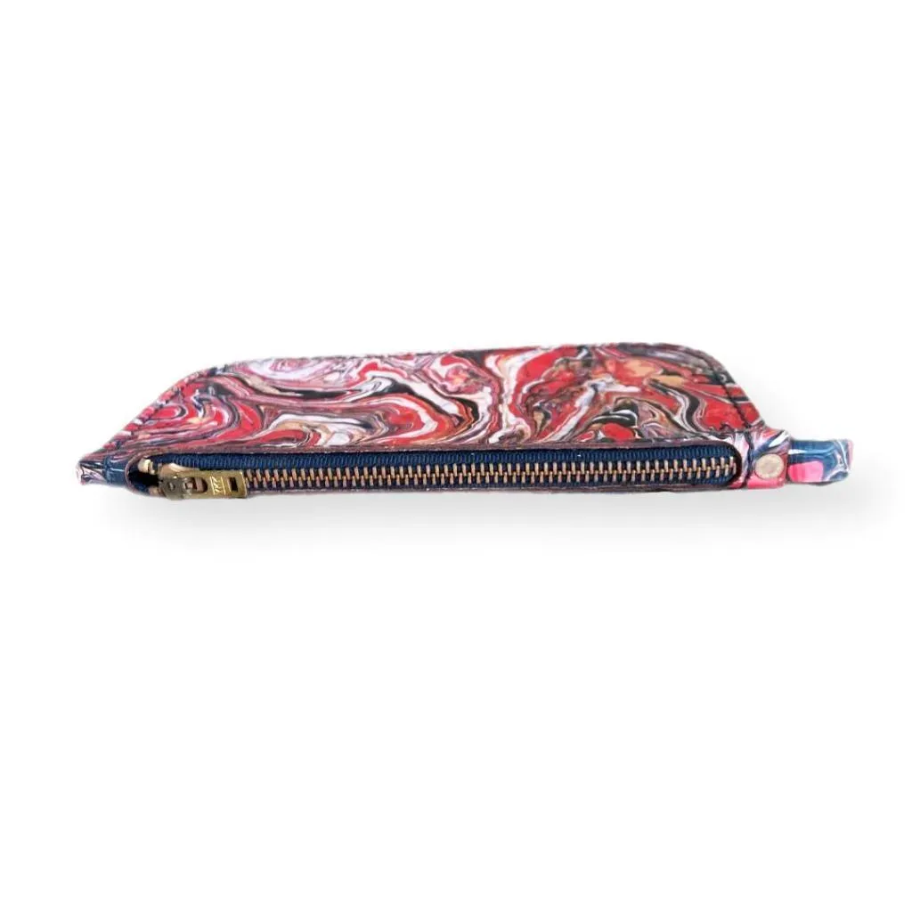 Hand Dipped Ink Art Red Black Leather Zipper Pouch Wallet Purse Women's Men's