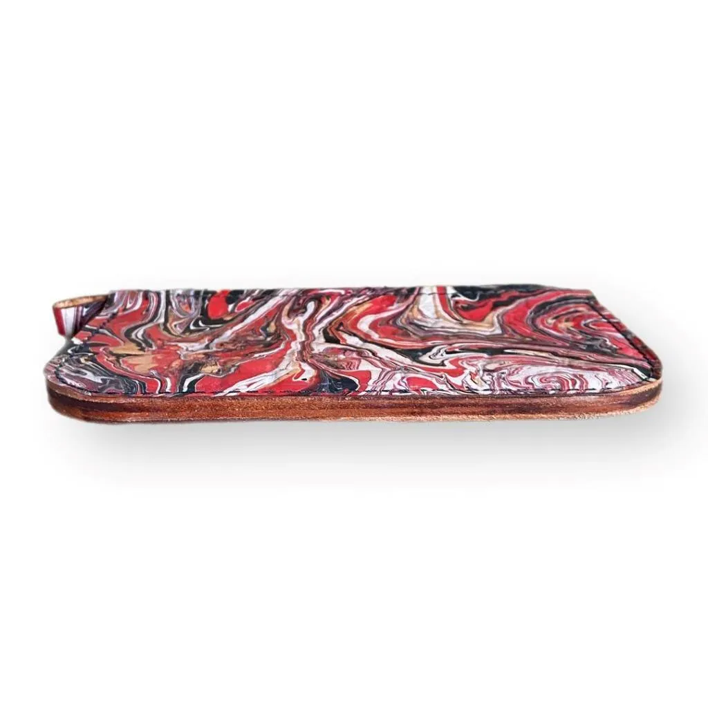 Hand Dipped Ink Art Red Black Leather Zipper Pouch Wallet Purse Women's Men's