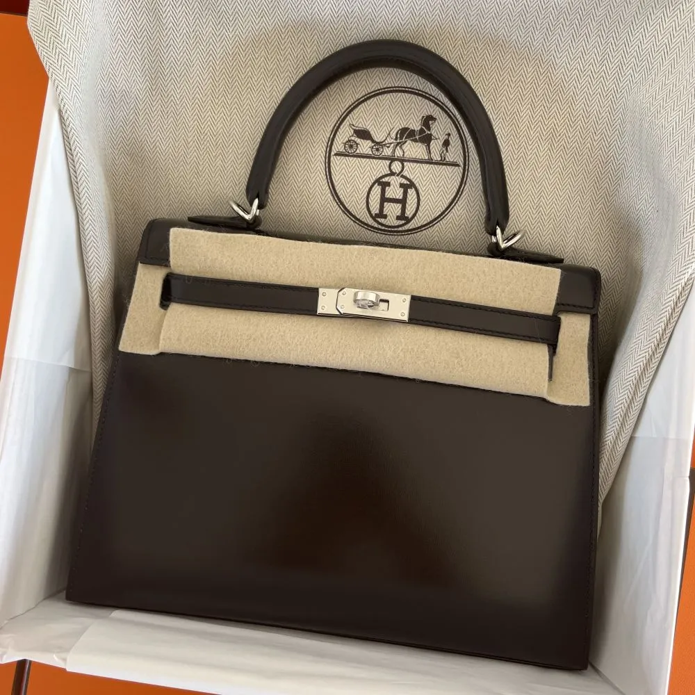 Hermès Kelly 25 Noir (Black) Sellier Box Palladium Hardware PHW