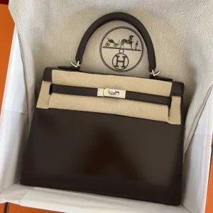 Hermès Kelly 25 Noir (Black) Sellier Box Palladium Hardware PHW