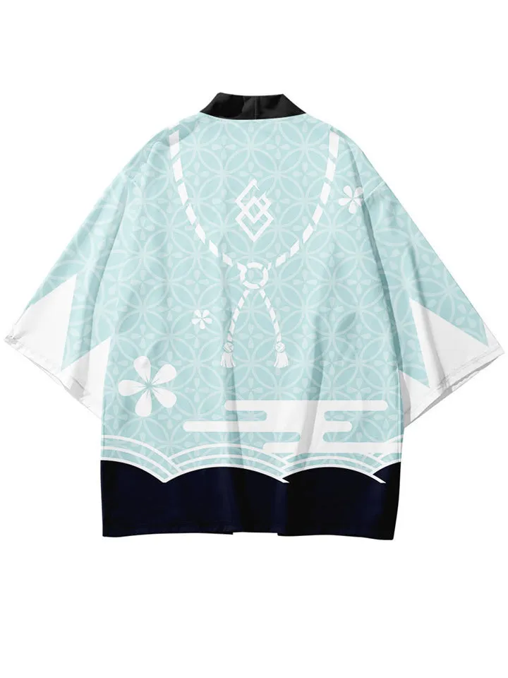 Japanese Sakura Print Summer Outfits Men's Cardigan Shirt   Casual Shorts