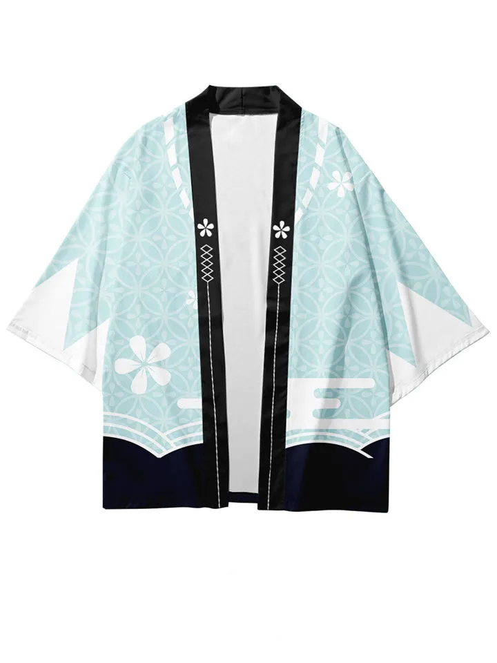 Japanese Sakura Print Summer Outfits Men's Cardigan Shirt   Casual Shorts