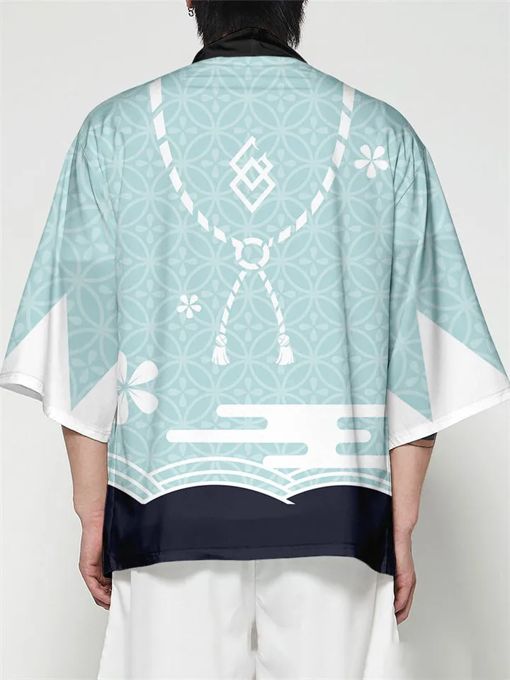 Japanese Sakura Print Summer Outfits Men's Cardigan Shirt   Casual Shorts