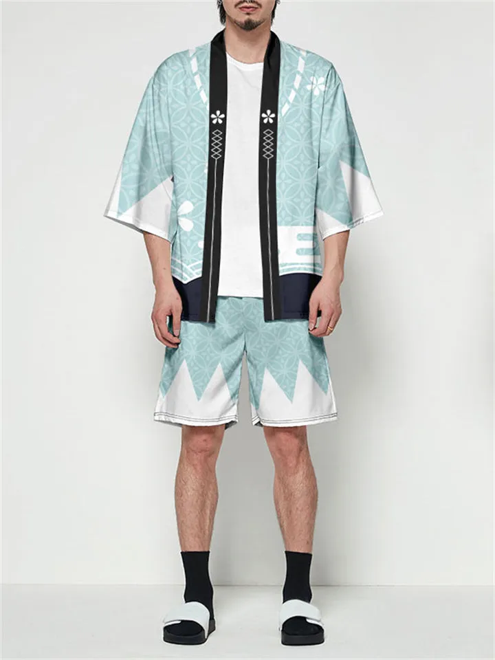 Japanese Sakura Print Summer Outfits Men's Cardigan Shirt   Casual Shorts