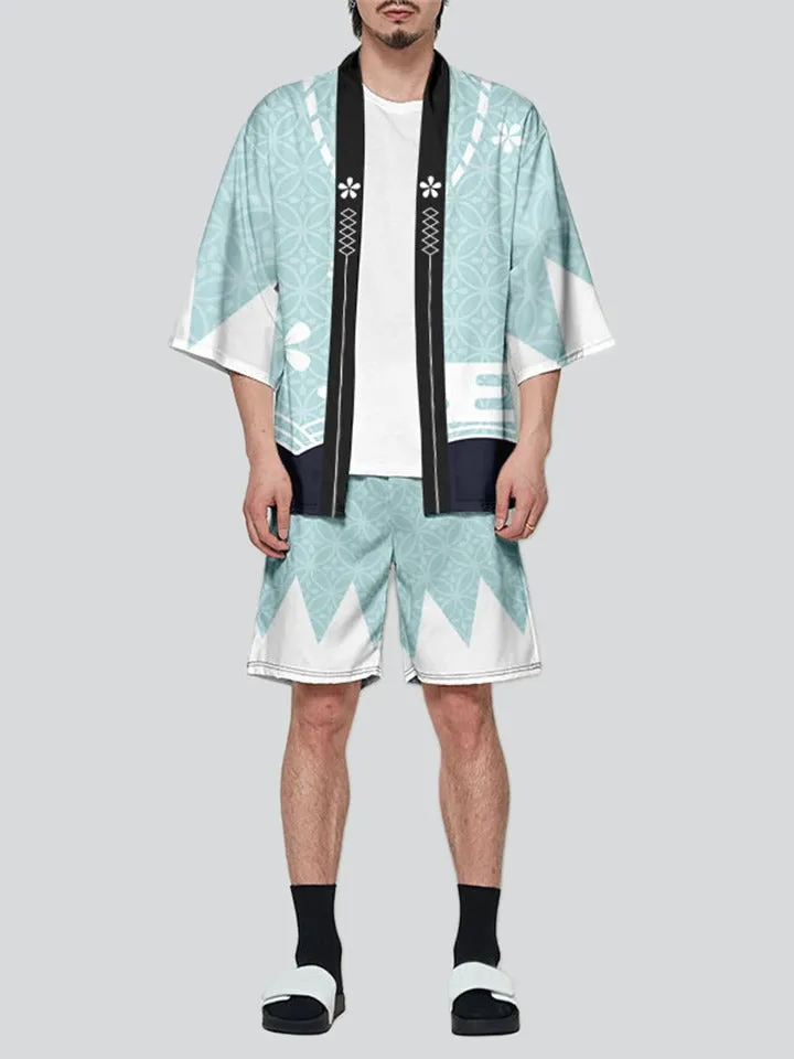 Japanese Sakura Print Summer Outfits Men's Cardigan Shirt   Casual Shorts