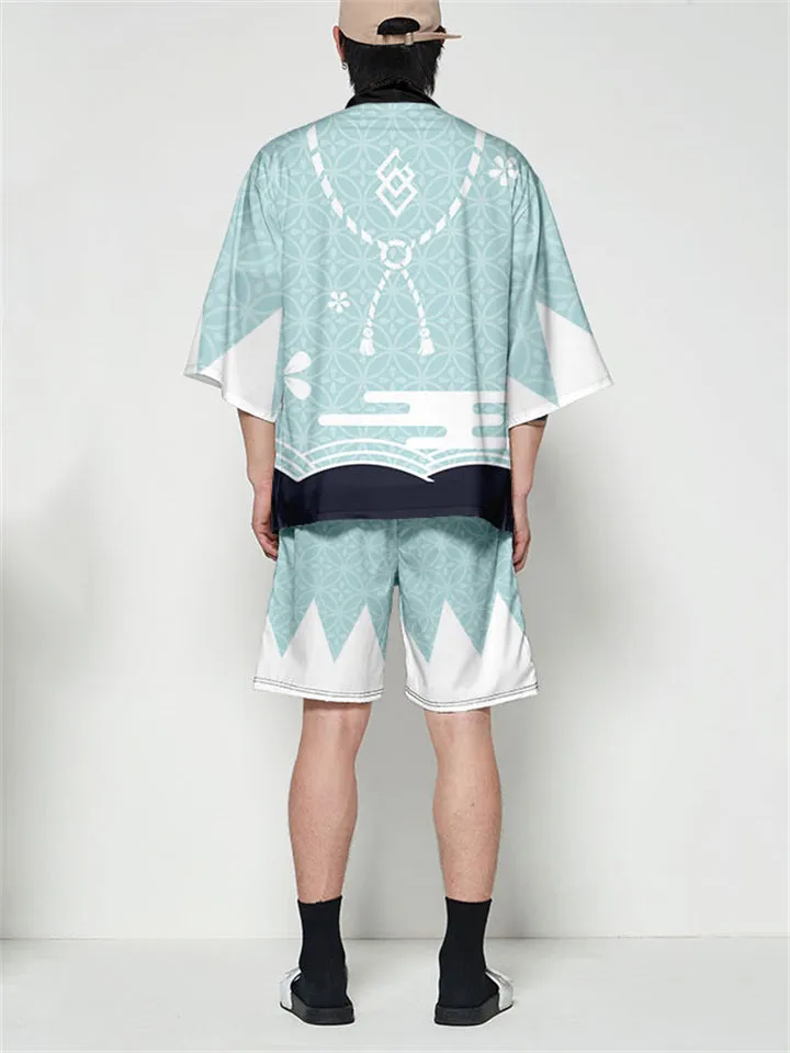 Japanese Sakura Print Summer Outfits Men's Cardigan Shirt   Casual Shorts