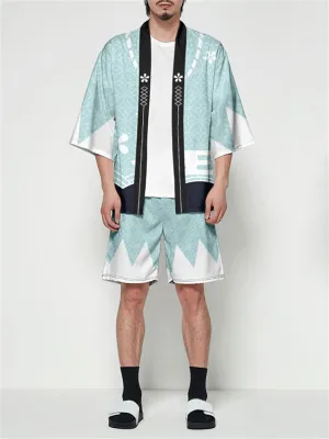 Japanese Sakura Print Summer Outfits Men's Cardigan Shirt   Casual Shorts