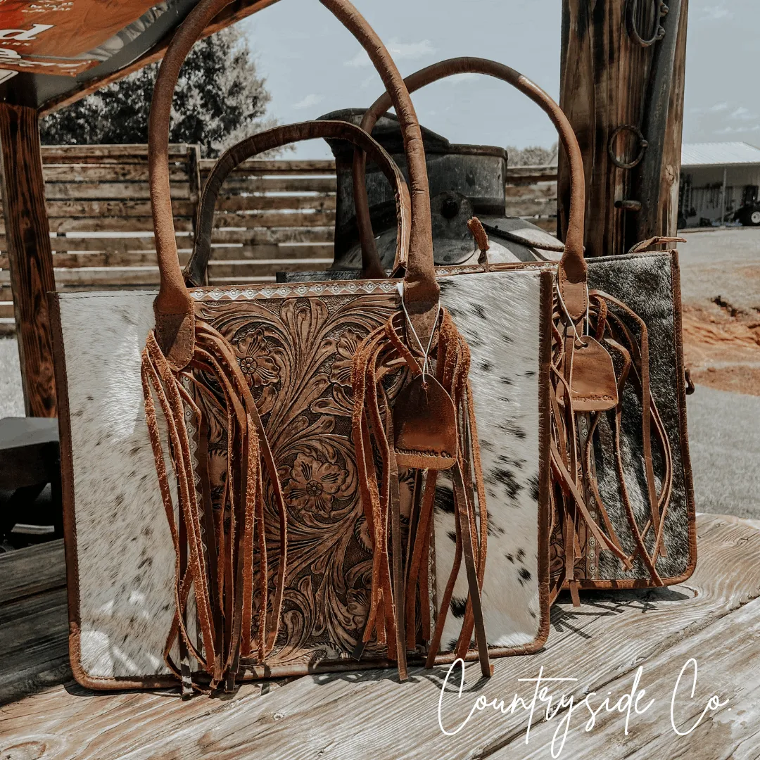 Jesse Cowhide and Tooled Leather Tote Purse by Countryside Co.