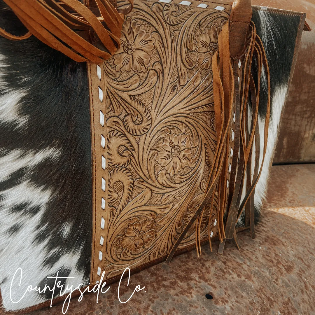 Jesse Cowhide and Tooled Leather Tote Purse by Countryside Co.