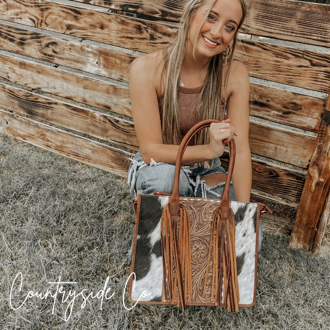 Jesse Cowhide and Tooled Leather Tote Purse by Countryside Co.