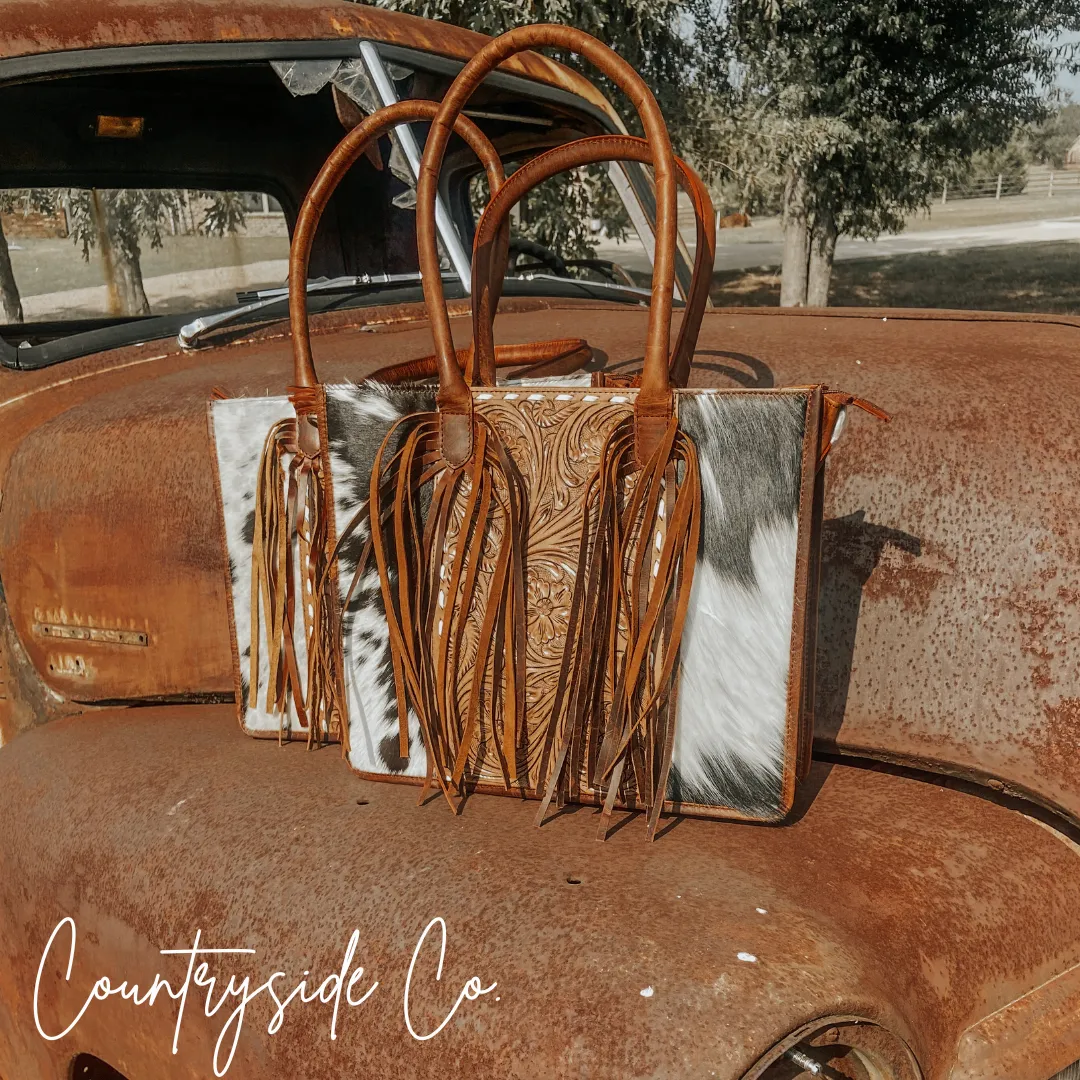 Jesse Cowhide and Tooled Leather Tote Purse by Countryside Co.