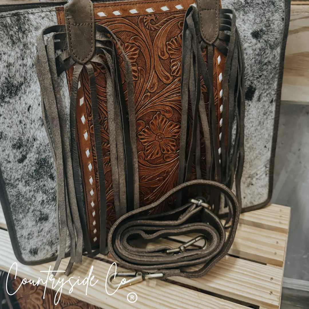 Jesse Cowhide and Tooled Leather Tote Purse by Countryside Co.