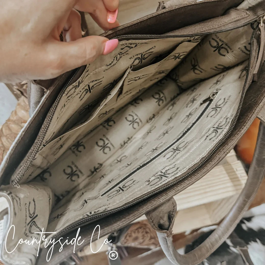 Jesse Cowhide and Tooled Leather Tote Purse by Countryside Co.