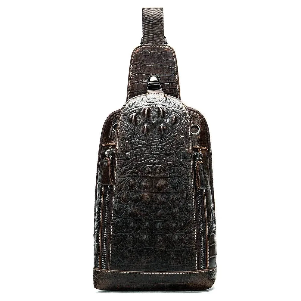 Leather Chest Bag Alligator Pattern Men's Crossbody Shoulder Bag