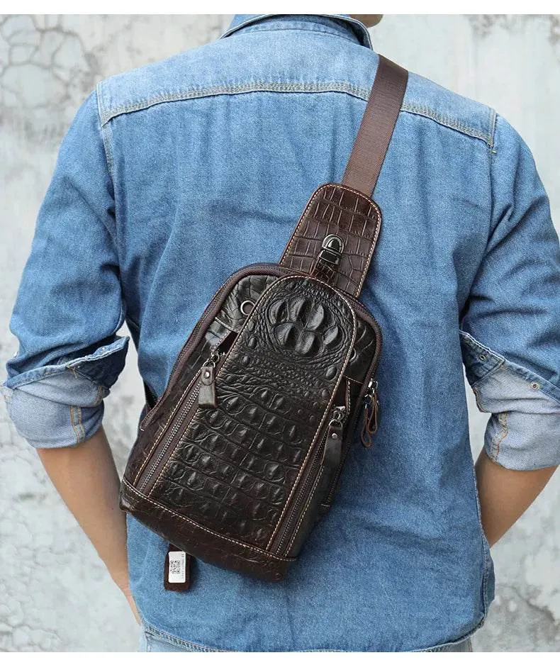 Leather Chest Bag Alligator Pattern Men's Crossbody Shoulder Bag