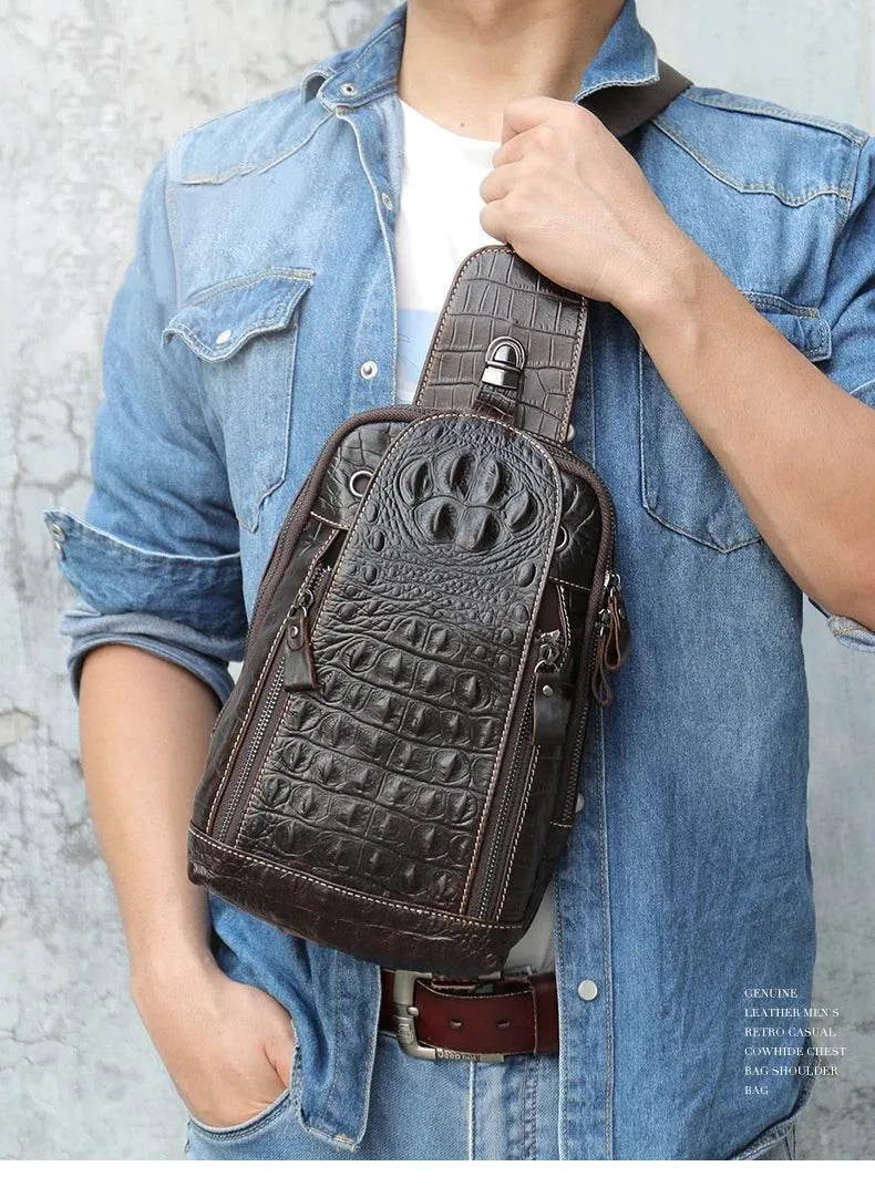 Leather Chest Bag Alligator Pattern Men's Crossbody Shoulder Bag