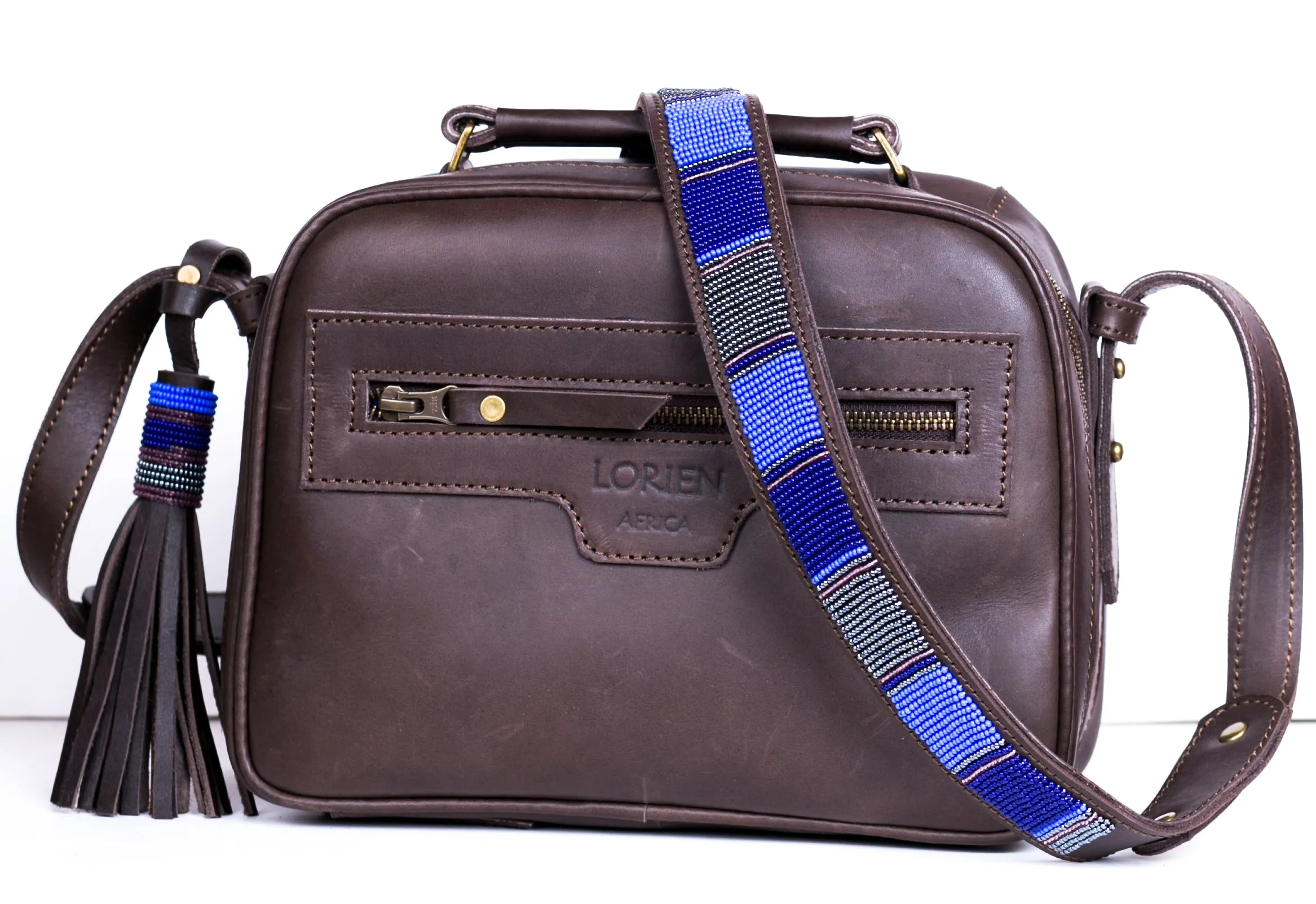 Leather sling bag with beaded strap
