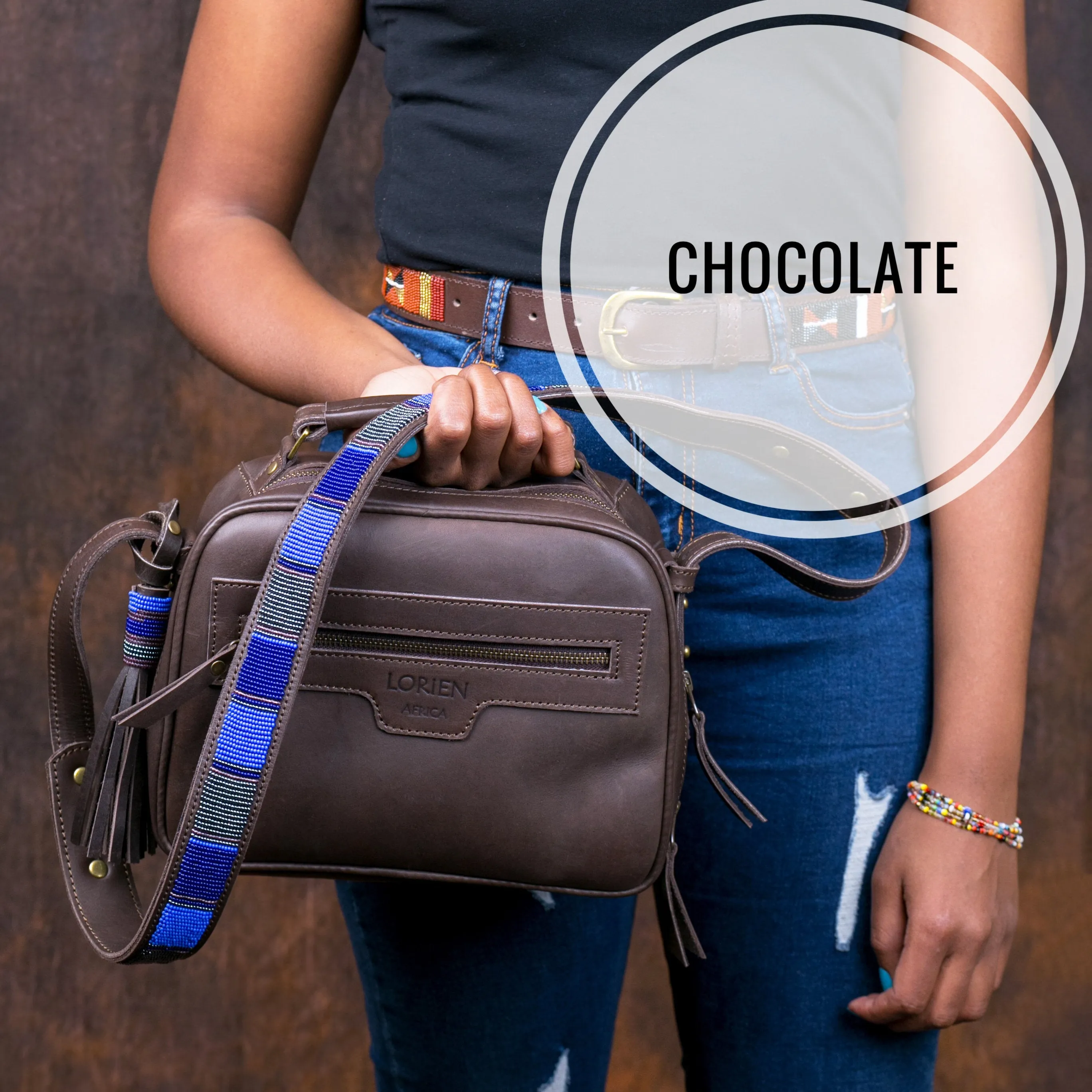 Leather sling bag with beaded strap