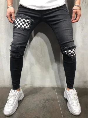 Male Casual Ripped Black White Plaid Patchwork Jeans