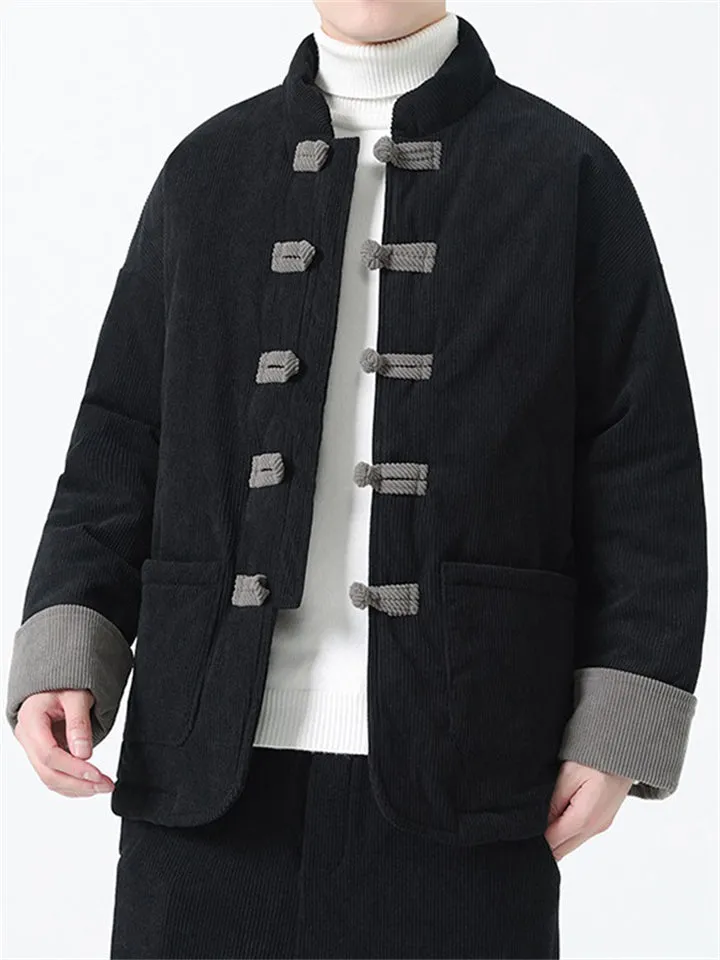 Male Unique Corduroy Contrast Color Long Sleeve Coats