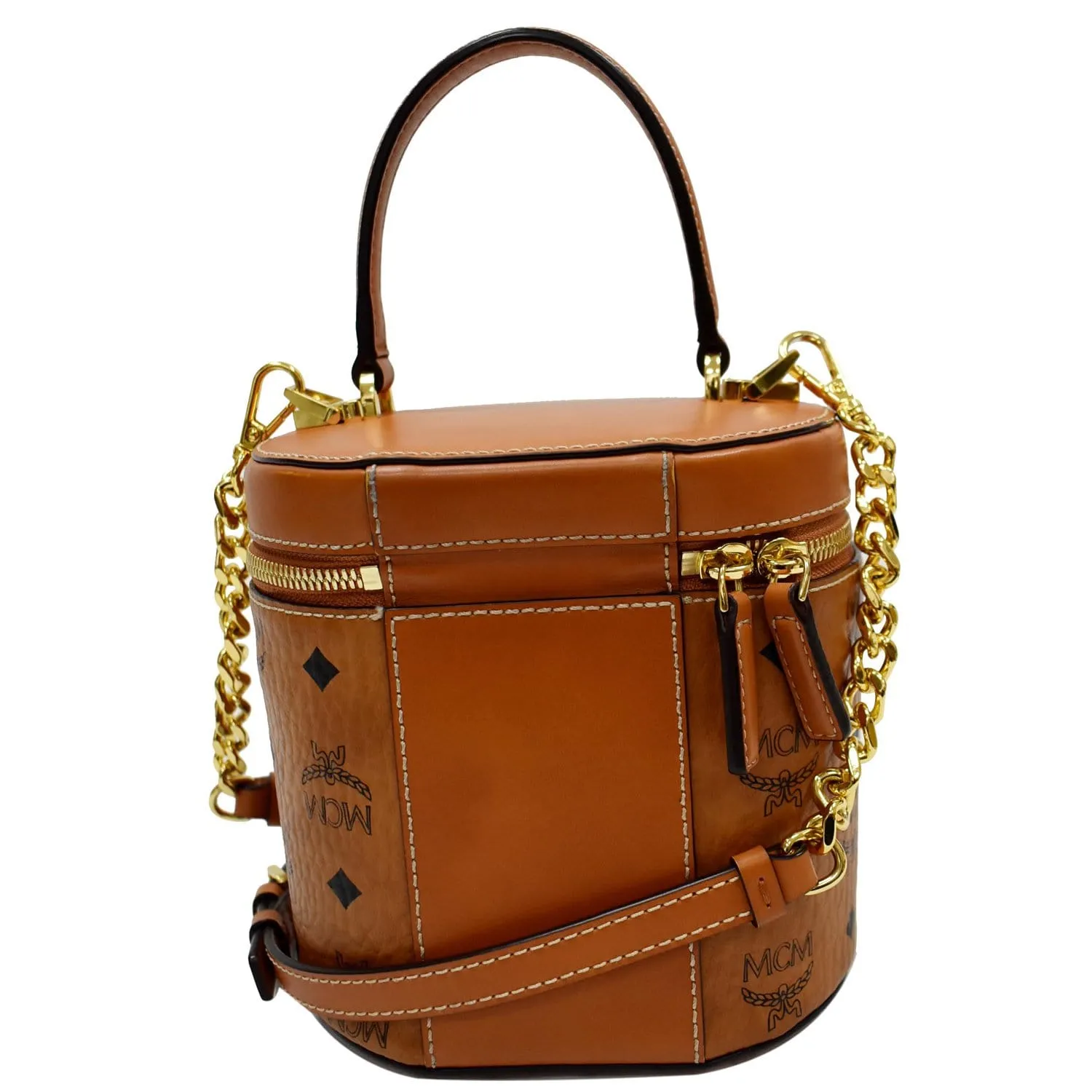 MCM Small Cylinder Visetos Monogram Leather Crossbody Bag Cognac