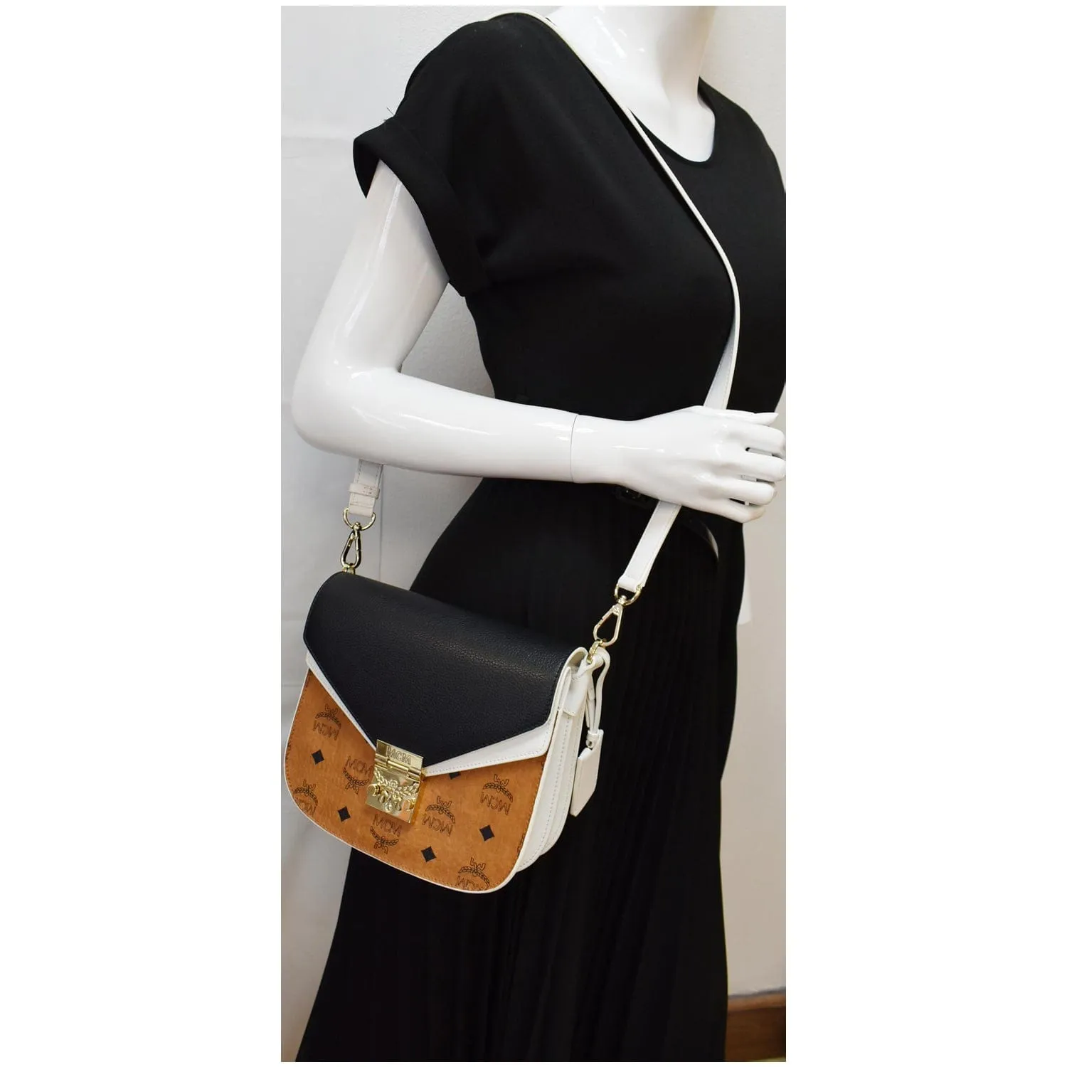 MCM Small Patricia Visetos Leather Crossbody Bag Cognac