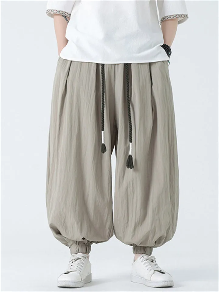 Men's Braided Drawstring Cotton Linen Baggy Harem Pants
