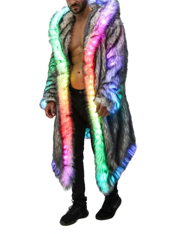 Men's Burning Man Music Festival Party LED Fake Fur Coat