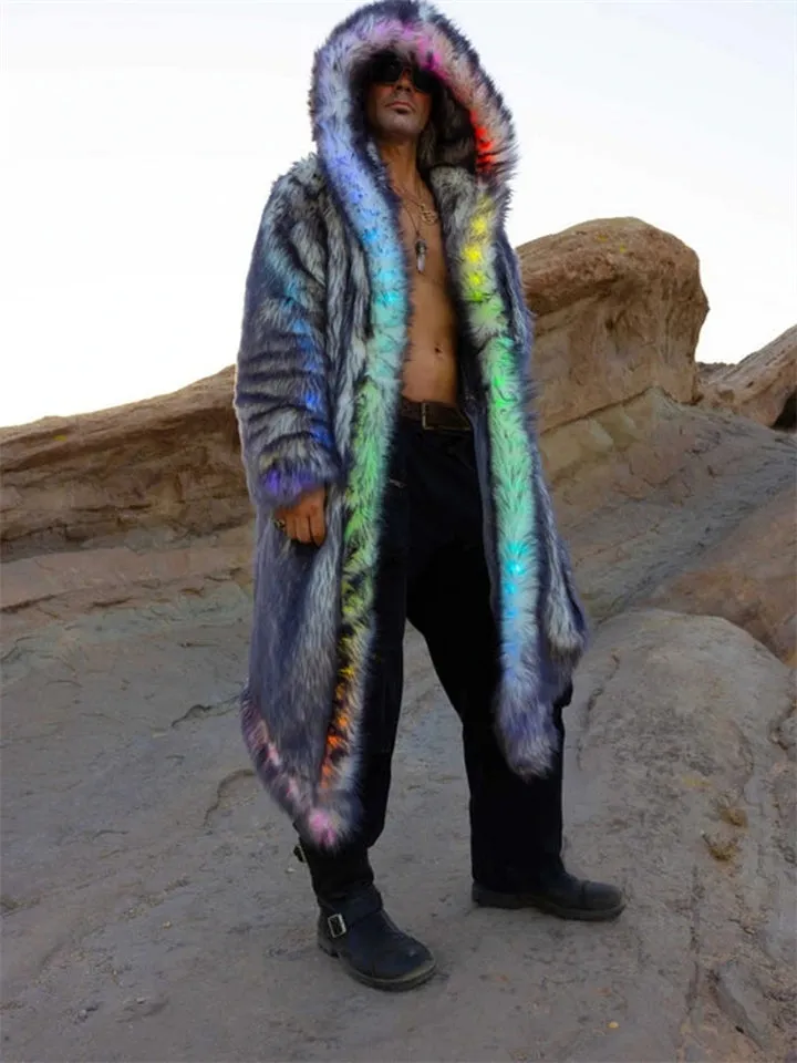 Men's Burning Man Music Festival Party LED Fake Fur Coat