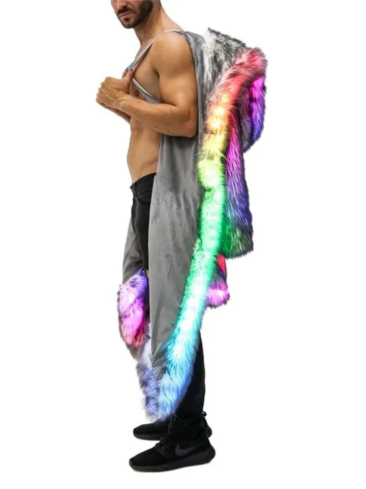 Men's Burning Man Music Festival Party LED Fake Fur Coat
