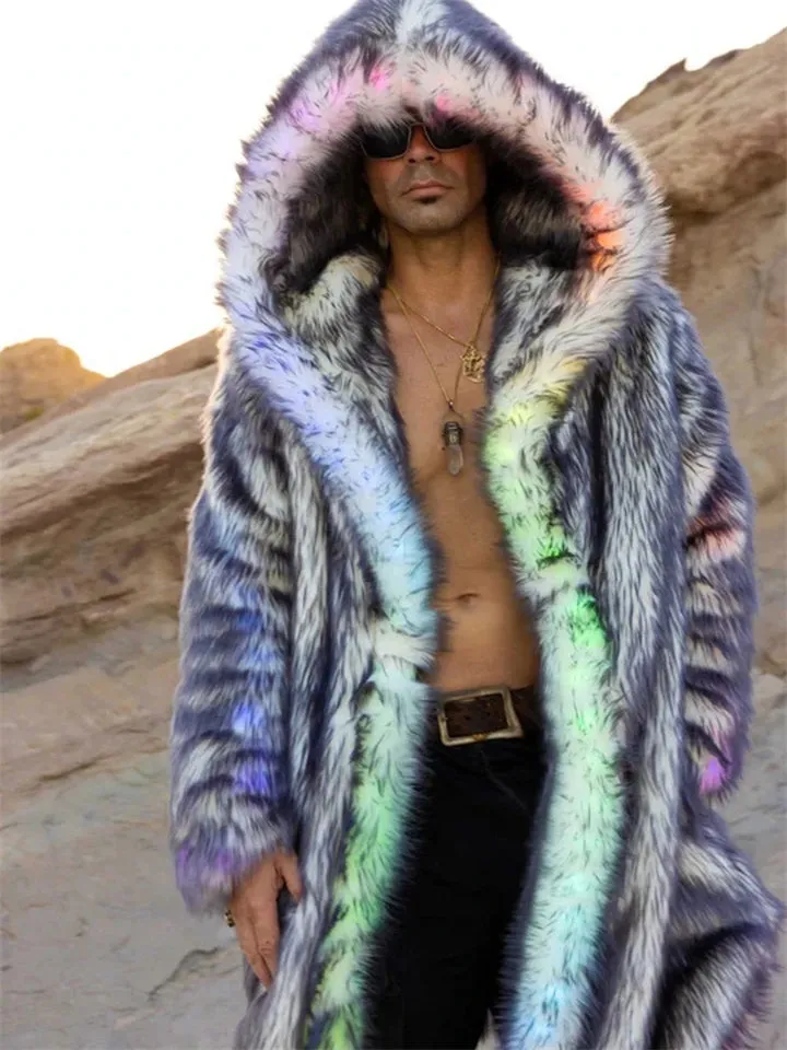 Men's Burning Man Music Festival Party LED Fake Fur Coat