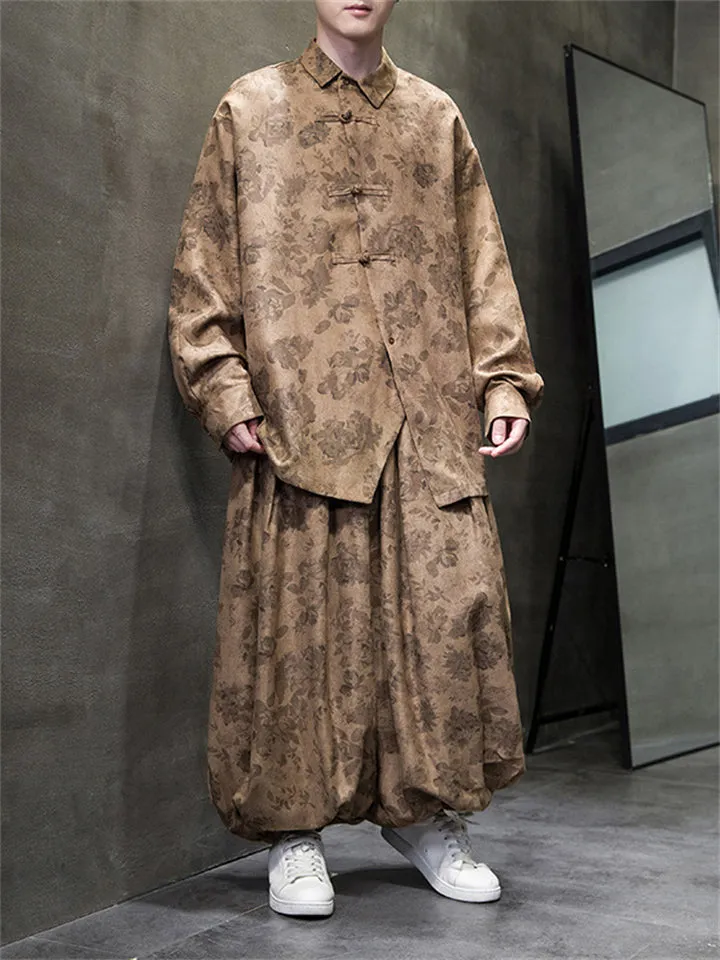 Men's Chinese Outfits Button-up Shirt and Loose Fit Pants