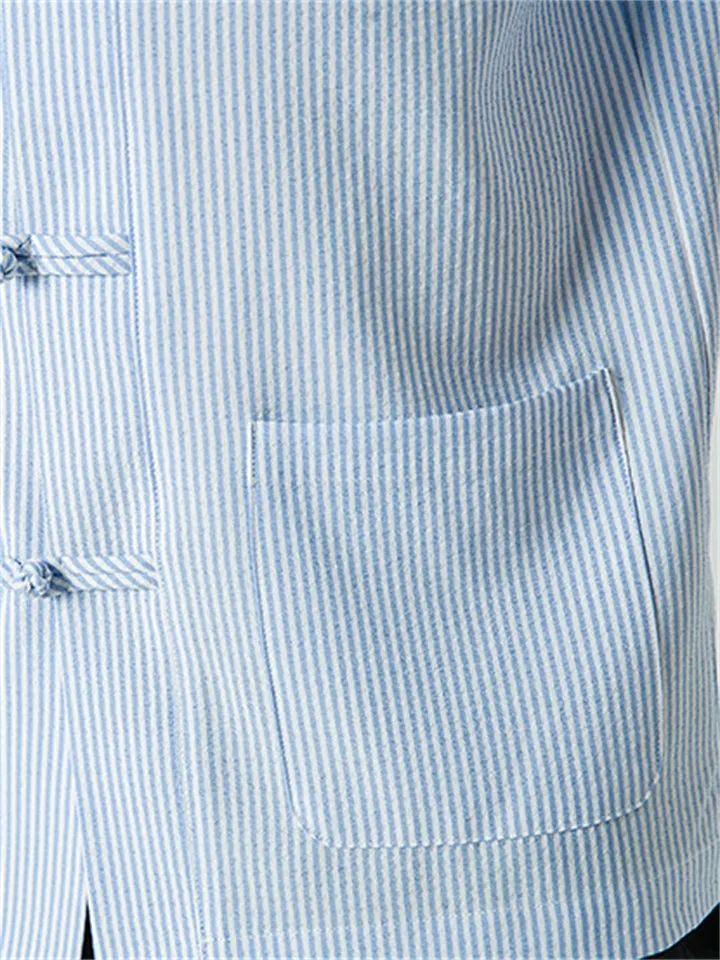 Men's Chinese Style Stand Collar Knot Button Summer Striped Shirt