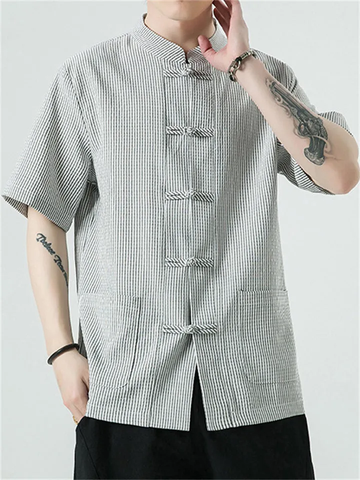 Men's Chinese Style Stand Collar Knot Button Summer Striped Shirt
