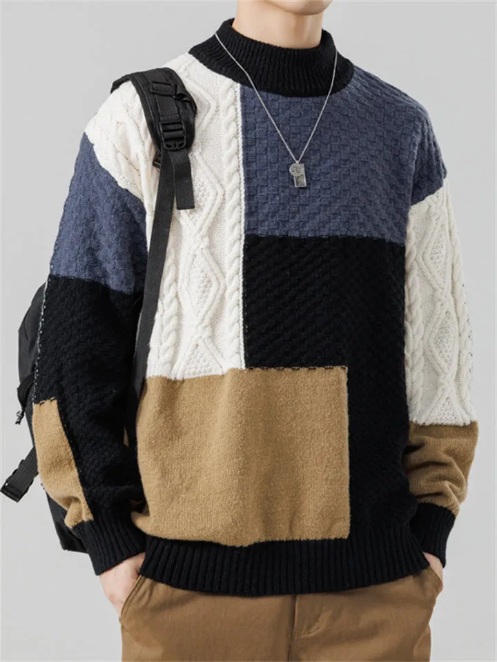 Men's Color Block Patchwork Round Neck Warm Knitted Sweater