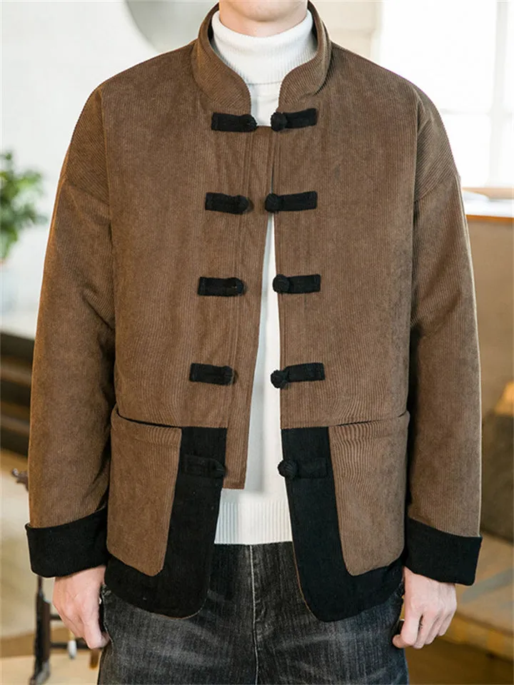 Men's Contrast Color Corduroy Chinese Cotton-padded Coat