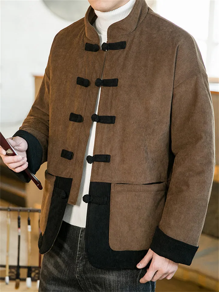 Men's Contrast Color Corduroy Chinese Cotton-padded Coat