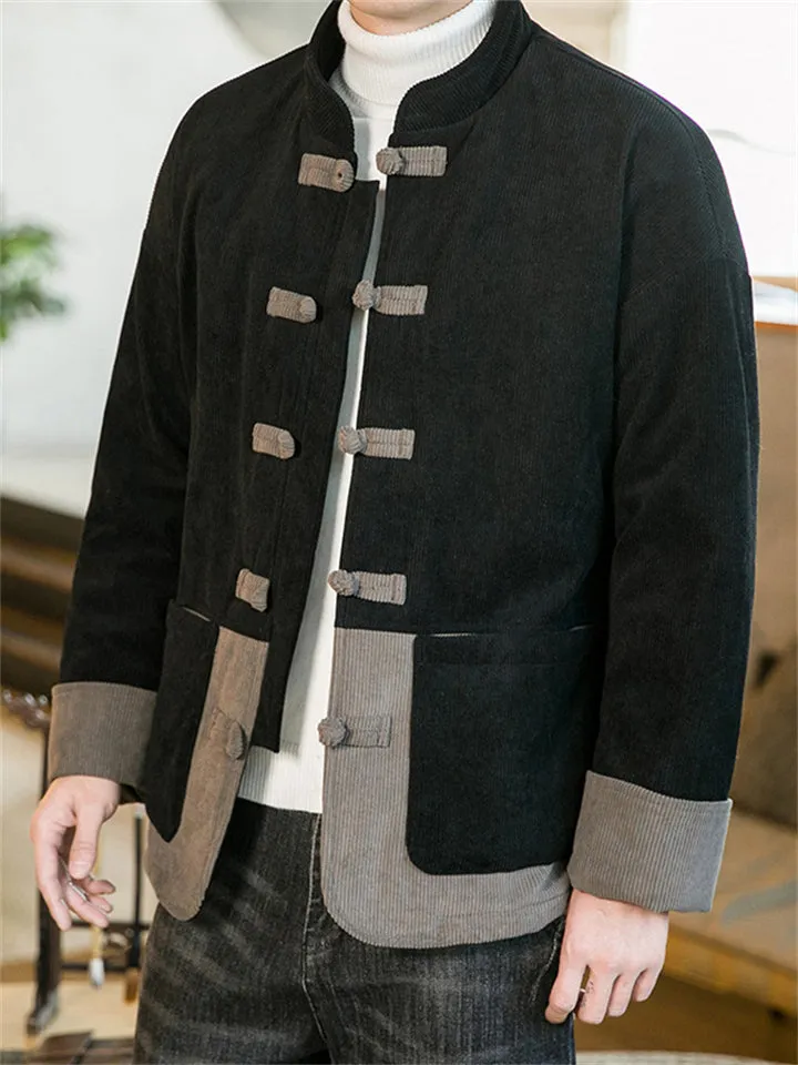 Men's Contrast Color Corduroy Chinese Cotton-padded Coat