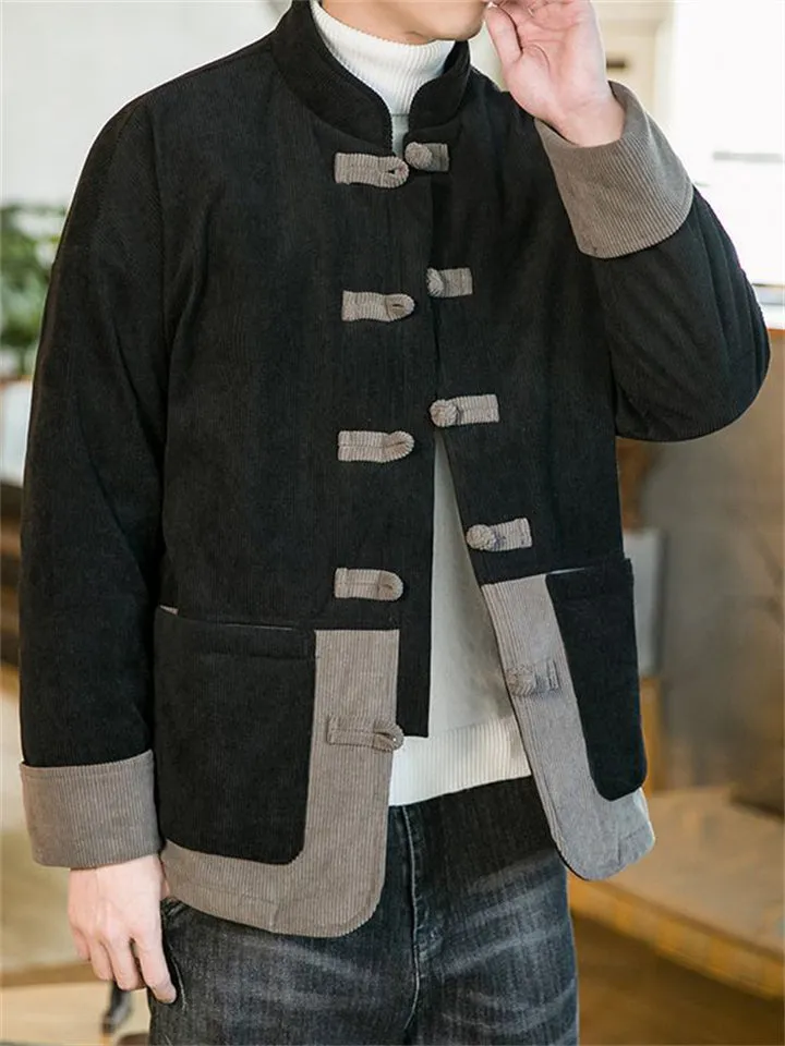 Men's Contrast Color Corduroy Chinese Cotton-padded Coat