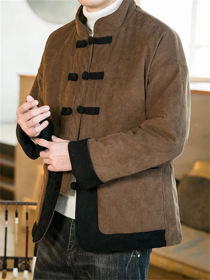 Men's Contrast Color Corduroy Chinese Cotton-padded Coat