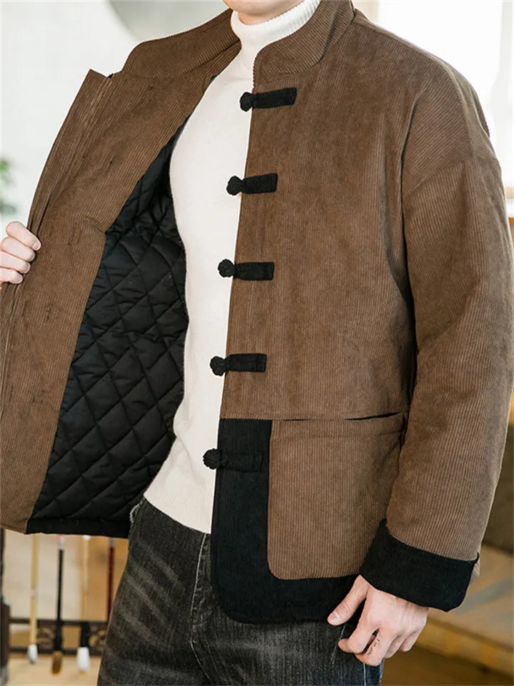 Men's Contrast Color Corduroy Chinese Cotton-padded Coat