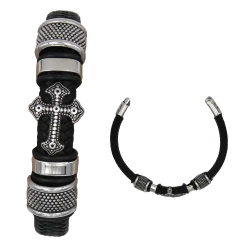 Men's Genuine Leather Bracelet with Cross & Silver-Tone Accents