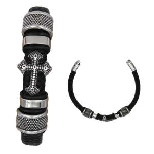 Men's Genuine Leather Bracelet with Cross & Silver-Tone Accents