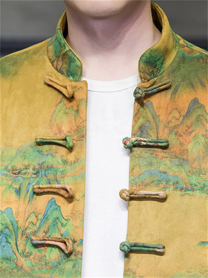 Men's Landscape Print Stand Collar Vintage Tang Suit Jacket